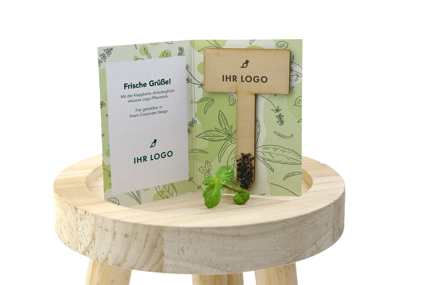 Klappkarte „Kräuterglück“ mit Logo-Pflanzstick