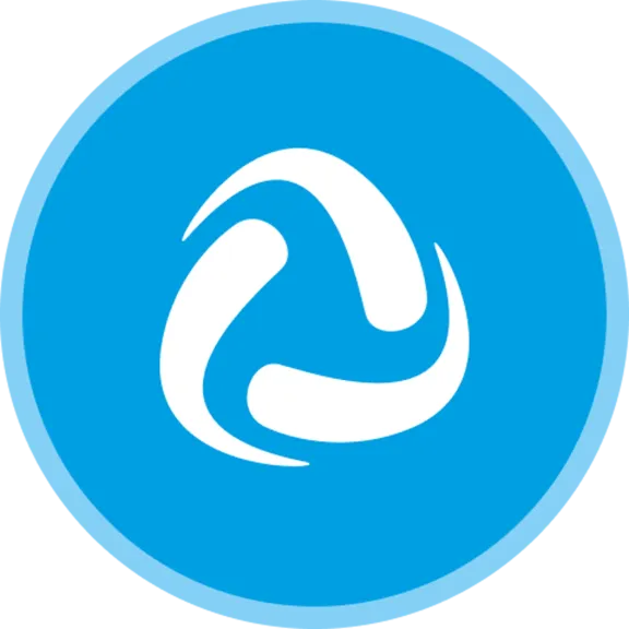 Blau-weißes kreisförmiges Logo mit dynamischem, geschwungenem Symbol in der Mitte.